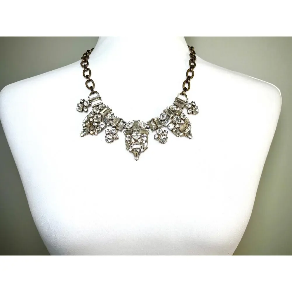 Vintage J. Crew Gold Tone Crystal Cluster Statement Necklace EUC